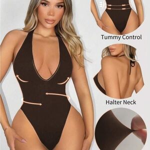 NWT Brown Halter Neck Stretch Bodysuit size Large